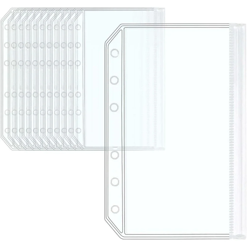 12 Clear A6 Cash & Document Envelopes - Zippered Binder Pockets for Organization